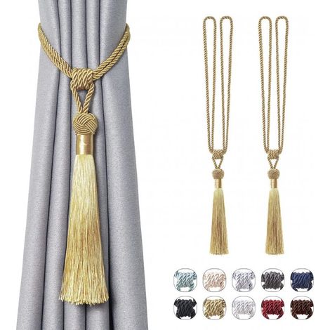 Lot de 2 attaches de rideaux à longs pompons, faites à la main, style européen tressé, pour décoration de fenêtre (doré) (1/5)