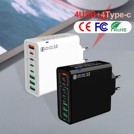 Chargeur 120 W - 4 Ports USB - 4 Ports Type-C - Compatible QC4.0 - Pour Téléphones Portables - 1 Pièce (1/5)