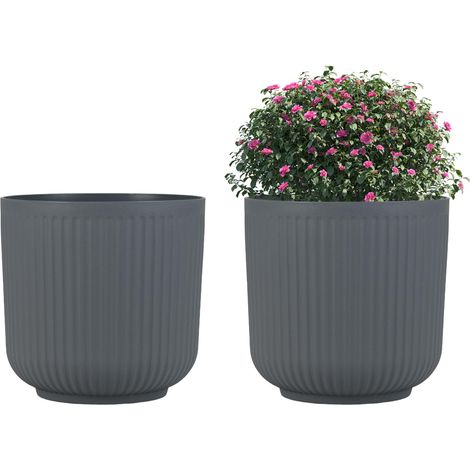 COSTWAY Set di Vasi Rotondi in Plastica, 2 Vasi per Fiori a Strisce con Sistema di Drenaggio Opzionale, Vasi Decorativi per Piante da Interni ed Esterni per Veranda, Giardino e Balcone (1/5)