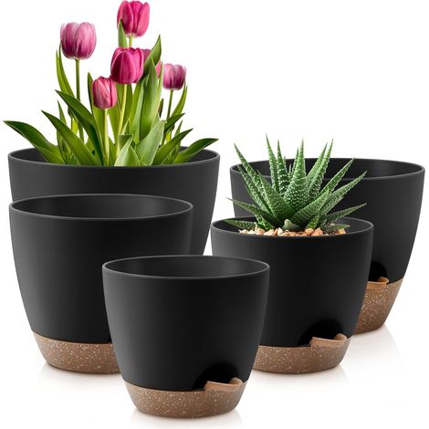 Vasi da fiori autoirriganti da 8/7/6,5/6/5,5/5 pollici, confezione da 5 vasi da fiori in plastica con fori di drenaggio e vassoio, vasi da fiori in plastica, vasi da vivaio per piante da interno e da (1/5)