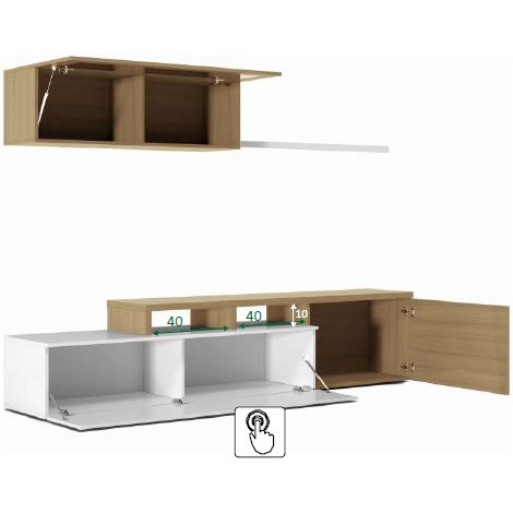 Schrankwand Chino, TV-Ständer für Wohnzimmer, Reversible Wohnzimmerkomposition, Ecklounge-Set, cm 200x41h44, Eiche und glänzend Weiß (1/5)