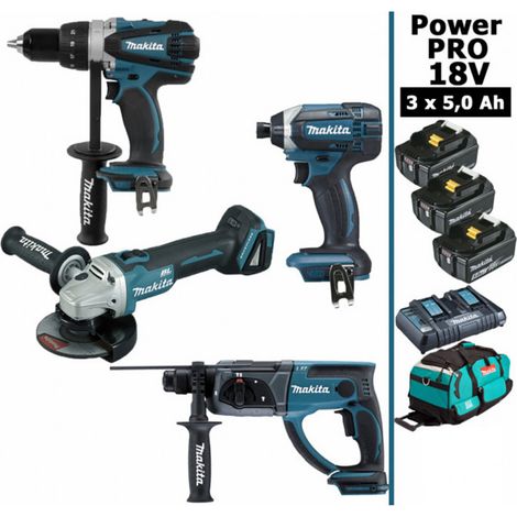 Pack Makita Power PRO 18V 4 outils: DDF458 + DHR202 + DGA504 + DTD152 + 3 batt 5Ah + sac (1/7)