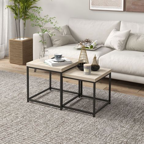 Set aus 2 Satztischen, quadratischen Couchtischen, Wohnzimmertischen mit Stahlgestell und Spanplattenplatten