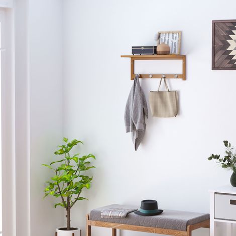Perchero/armario/estante de pared, 50 cm de largo x 16 cm de ancho x 17,5 cm de alto, 4 ganchos, kit de fijación incluido, bambú natural.