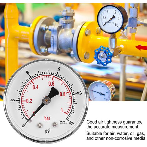 Manomètre à cadran 50 mm raccord arrière 1/4 BSPT pour air eau huile gaz (0-15 PSI 0-1 bar) (1/5)