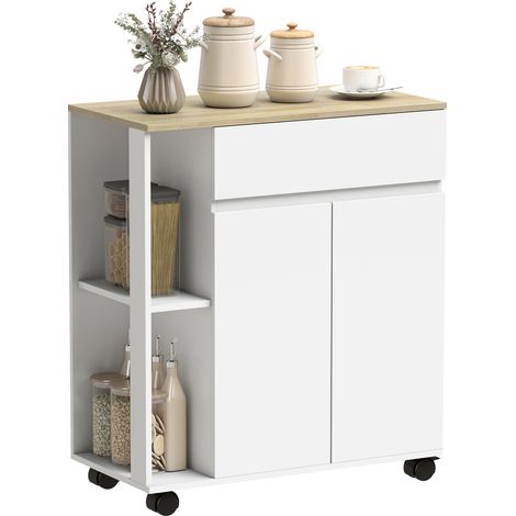 Carrello da cucina, cassetto, 2 ripiani, bianco e rovere, 78 × 39,5 × 88,5 cm, truciolato (1/5)