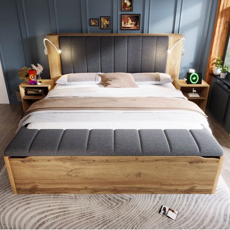 Cama matrimonio 160x200 cm efecto roble con cabecero abatible, luces USB y almacenamiento