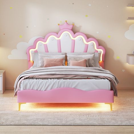 Letto matrimoniale 140x200 cm - con testiera Crown Princess, con barra luminosa a LED regolabile, letto imbottito, rete a doghe, similpelle - Rosa (1/5)