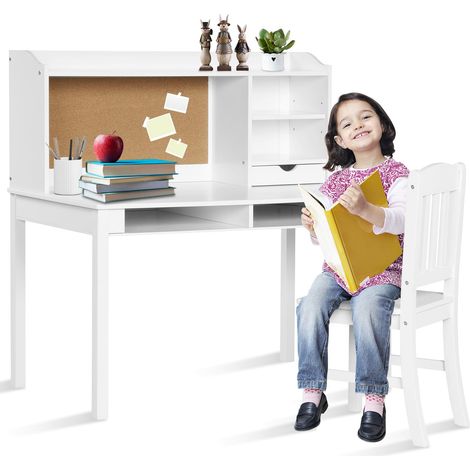 Scrivania per bambini con sedia, vassoio, Cassetti, ripiani, bacheca in sughero, postazione da scrivania per camera da letto, ufficio, soggiorno, bianco (1/5)