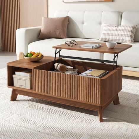 Table basse relevable, table de salon avec coffre de rangement et compartiment ouvert, en MDF style moderne 95x48x50cm, Noyer (1/5)