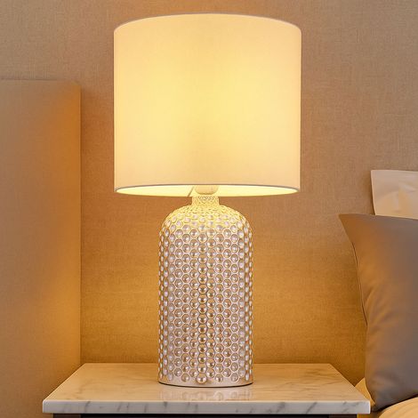 Tischlampe Glas Textil Nachttischlampe Tischleuchte champagnerfarben Esszimmerlampe, 1x E27 Fassung, DxH 26,5x50 cm