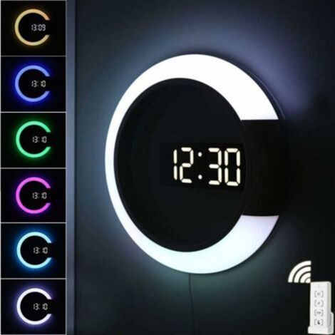 Horloge murale LED, télécommande créative, horloge numérique avec miroir découpé et alarme de température, 7 modes de changement de couleur. (1/5)