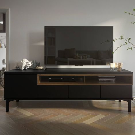 Dmora - Mobile porta TV Margaux, Credenza da soggiorno, Armadio basso per TV, Base parete attrezzata, 156x48 h48 cm, Nero e Noce (1/5)