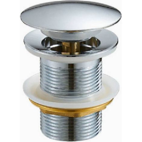 Piletta di scarico retrattile per lavello in ottone cromato G 1-1/4, senza troppopieno, con sistema di apertura e chiusura a pulsante.