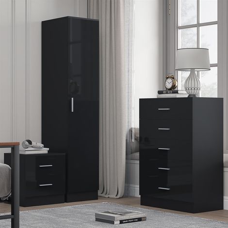 Reflect 1 Door Plain Wardrobe, 5 Drawer Chest, 2 Drawer Bedside - Black Gloss & Black Oak - Bedroom Furniture Set