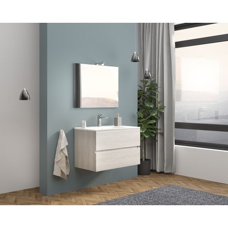 Mobile bagno sospeso 80 cm in legno rovere grigio con lavabo e specchio - Empoli - Con specchio e lampada LED