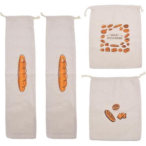 Juego de 4 bolsas de algodón con cordón para guardar pan casero (2 para baguettes y 2 para panes). (1/5)