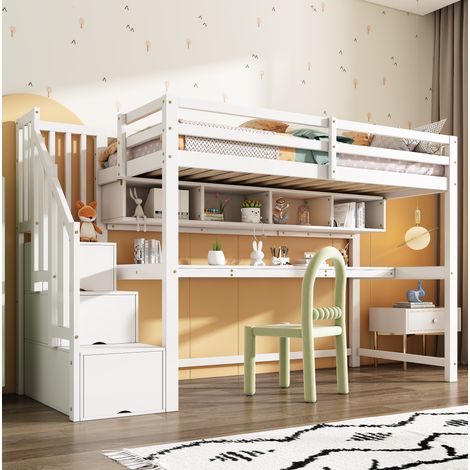 Bett Kinder-Hochbett modern aus Massivholz+MDF Weiß 90x200 cm mit Stauraumtreppe, Schreibtisch und Regalen (1/5)