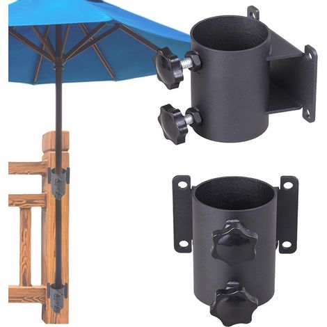 Soporte para sombrilla de patio, resistente, ajustable, con clip metálico, para barandilla de terraza, balcón o barco. Se adapta a diámetros exteriores máximos de 5 cm (2"). Paquete de 2 unidades. (1/5)
