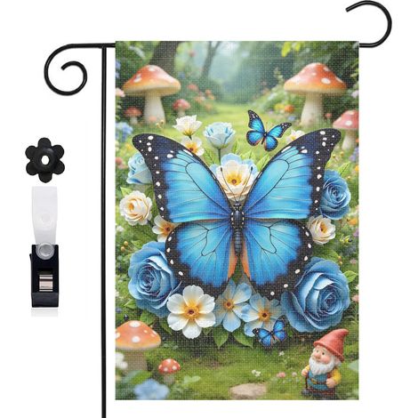 Drapeau de jardin Welcome et composition florale bleue 30 x 45 cm décoration terrasse et extérieur (1/5)