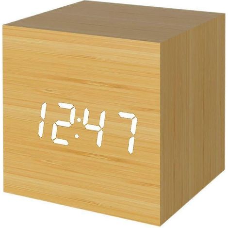 Réveil numérique, mini réveil de bureau cubique moderne en bois avec éclairage LED, affichage de l'heure, de la date et de la température (1/2)