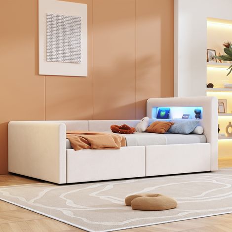 Lit Enfant 90x200cm - Avec LED Nuit et Port USB - Rangement Hydraulique Caché - Accoudoir Latéral Réversible - Velours Doux - Capacité 200kg - Beige (1/5)