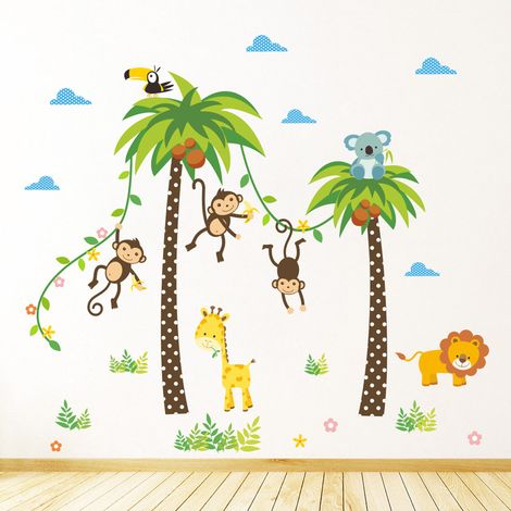 Autocollants Muraux Jungle - Décalcomanies Murales pour Chambre d'Enfant - PVC Auto-Adhésif Démontable - 2 Feuilles - 120 x 110 cm (1/5)