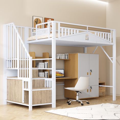 Lit mezzanine en métal 90x200cm, cabine de sécurité unique avec fenêtre, échelle de sécurité avec casier, blanc, garantie 2 ans