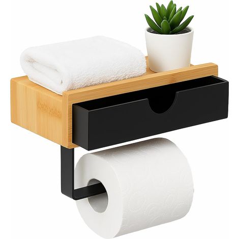 Porte-Rouleau Papier Toilette en Bambou et métal avec étagère pour Smartphone, clés, 18,5x10x13 cm, Noir/Natur (1/5)
