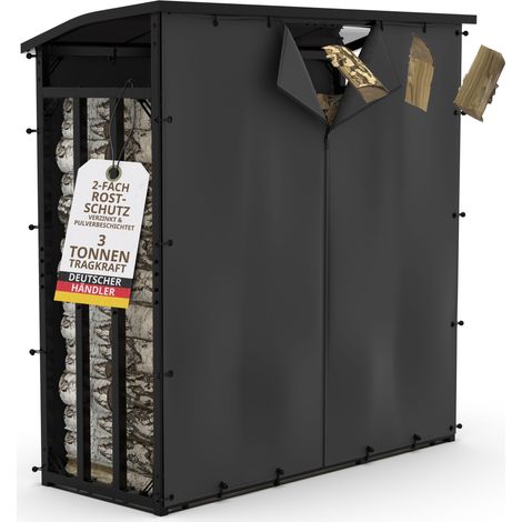 Kaminholzregal außen Metall VERZINKT Dach 188x70x188 SCHWARZ, Stapelhilfe mit Abdeckung Garten Brennholz Lager Holz Unterstand (1/5)