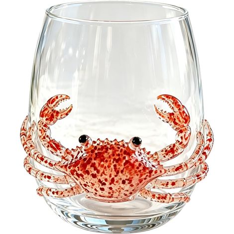 Verre à vin sans pied en forme de pieuvre 3D fait à la main - Motif animal marin artisanal - Décoration de table côtière - Cadeau pour les amateurs de l'océan, crabe (1/5)