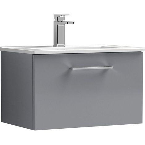 Balterley Bramshall Modern Bathroom 1 Soft Close Drawer & Minimalist Wall Hung Vanity Unit Basin, Satin Grey, 600mm