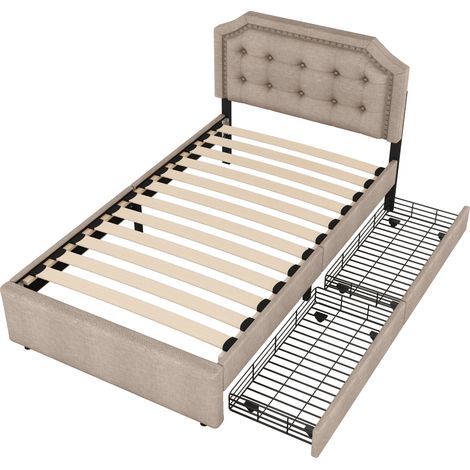 Cama tapizada 90 x 200 cm con cabecero capitoné, 2 cajones, beige oscuro (1/5)