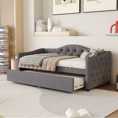 Tagesbett 90x200 cm grau aus Leinen und MDF mit ausziehbarem Bett (1/5)