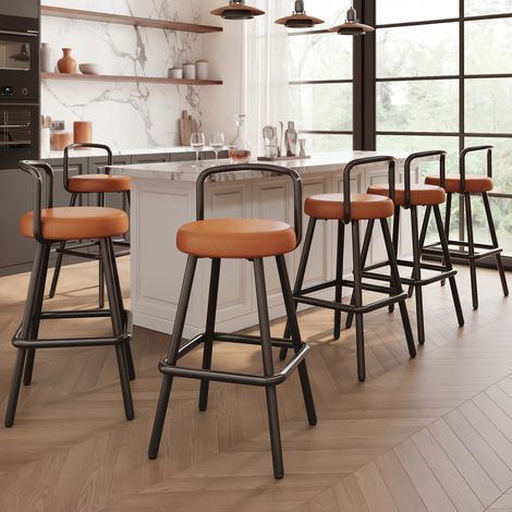 Tabourets bar lot 6 dossier ergonomique similicuir PU hydrofuge pieds fer repose-pieds cuisine bar salle à manger marron
