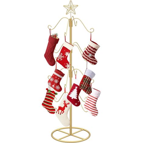 COSTWAY Porta Calze di Natale, Albero Espositivo con 16 Ganci Appendi Oggetti e Stella in Punta, Supporto per Appendere Ornamenti, Appendino in Metallo per Decorazioni per Feste, 35x35x121 cm (1/5)