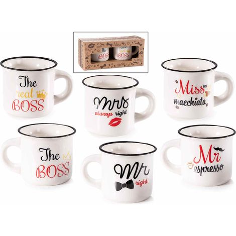 Tazzine da caffè in porcellana Mr / Mrs / Miss / Boss in confezione regalo da 2 pezzi, set da 3 pezzi, Tazzina: Ø 6 cm x 5,5 H