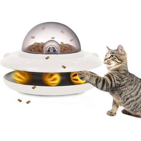 Distributeur De Nourriture Pour Chat - Jouet Interactif À Rotation Automatique - Pour Chats Et Petits Chiens - Batterie Rechargeable Intégrée - Blanc (1/5)