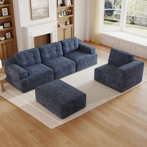 Canapé d'angle modulable 5 places 252x180x82cm,forme U ou L avec pouf,mousse haute résilience,sans montage,chenille,Bleu