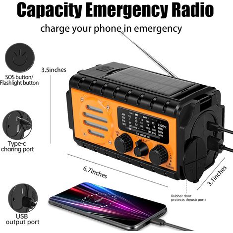Radio Dynamo Survie 20000mAh SW AM FM Lampe Solaire Grande Batterie Carica portatile Téléphone SOS Lampe de Poche Manivelle Urgence Maison Orange - AUTRES (1/4)