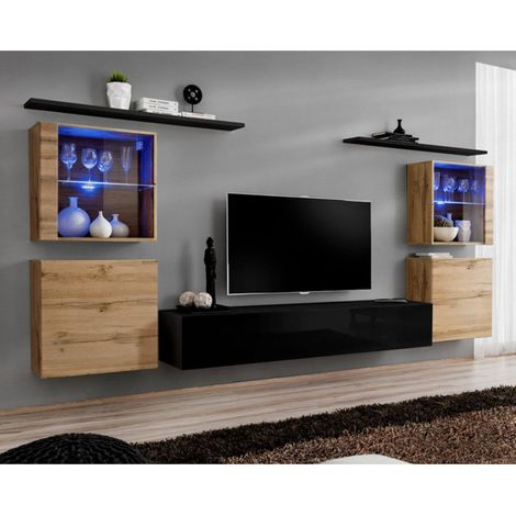 Meuble TV Mural Design "Switch XIV" 320cm Naturel & Noir (1/4)