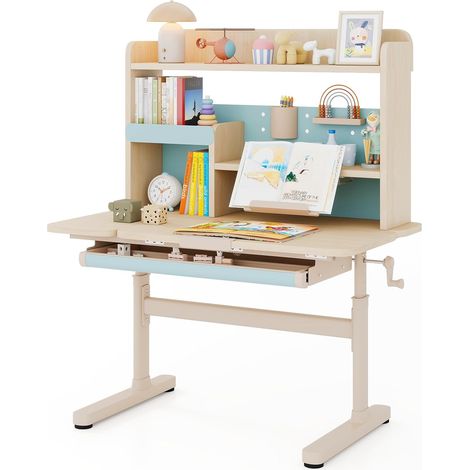 COSTWAY Scrivania per Bambini 3+ Anni, Tavolo da Studio Regolabile in Altezza con Libreria e Cassetto, Piano Inclinabile, Mensole, Leggio e Portapenne, Scrivania per Studiare (Blu) (1/5)