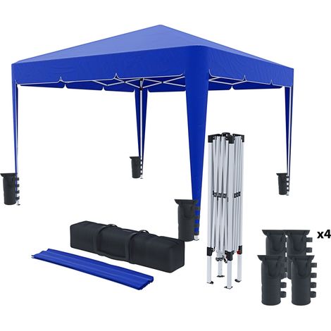 Gazebo Pieghevole Idrorepellente 3 x 3 M Da Giardino Con 4 Sacche Per Pesi E Sacca Di Trasporto Chiusura A Fisarmonica Per Fiere Campeggio Esterno Piscina Struttura Acciaio Copertura 160 gr/m² (Blu)