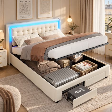 Lit coffre 180x200 cm, Lit double avec 2 tiroirs,Tête de lit avec éclairage LED, Rangement hydraulique,Sommier à lattes, velours beige (1/5)