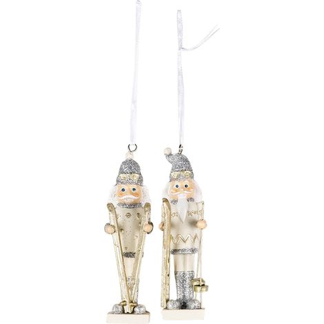Lot de 2 Suspensions de Noël Casse-Noisette avec Skis en Plastique Argenté et Beige 10 cm - PANGIVO (1/2)