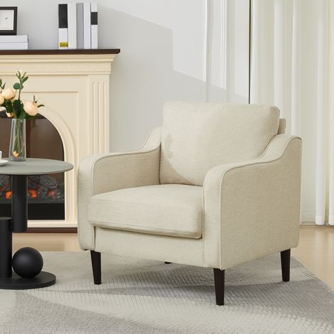 Fauteuil d’appoint moderne mi-siècle  En lin rembourré, dossier coussiné, pieds en bois, confort et élégance pour salon - Beige (1/5)