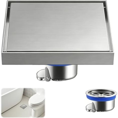 Caniveau de Douche Carré 15 x 15 cm, Gouttière de Drainage de Sol en Acier Inoxydable, Caniveau Douche Italienne avec Filtre à Cheveux, et Anti-odeurs, pour Salle de Bain Cuisine Garage ou sous-Sol (1/5)