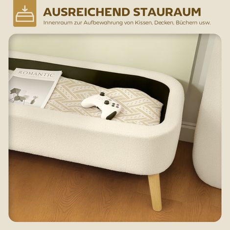 Coffre à chaussures banquette peluche beige 120x42x45 cm, avec rangement intérieur 65 L, bois d'hévéa et tissu polaire doux