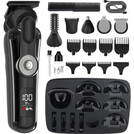 Tondeuse barbe homme – LED – Rasoir Électrique Visage et Corps – Tondeuse Cheveux Polyvalente – USB-C – Autonomie 120 min – Support Organisateur Sans Fil (1/5)