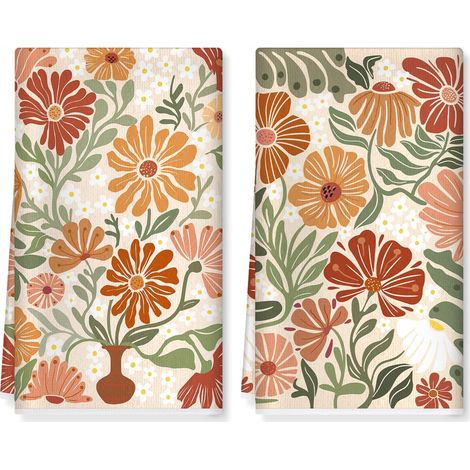 Torchons de Cuisine Boho Fleurs Vaisselle Lot de 2, Serviettes de Cuisine Botanique Torchon Vaisselle, Doux Et Super Absorbant Accroche Très Serviettes de Bar 42 X 70 Cm (1/5)